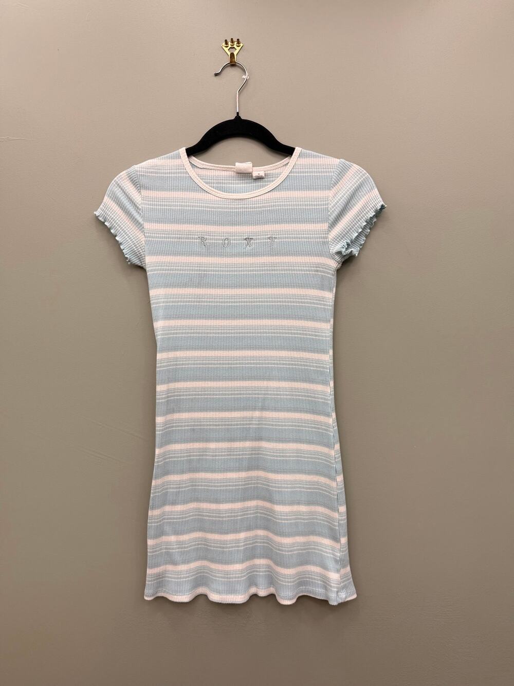 Roxy Girl Dress M 10/12 Blue White Striped Ribbed Lettuce Trim Logo